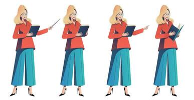 Elegant woman speaker giving presentation or lecture pose set. Stylish business girl or teacher pointing at smth with pointer, or finger, talking and holding folders. Character set vector illustration