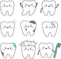 Vector dental set. Cute teeth with faces, sad and funny, healthy teeth and teeth with caries