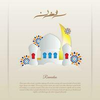 Ramadan greeting vector with mosque, cloud, crescent, floral mandala, and Ramadan Arabic calligraphy. Translate - Ramadan