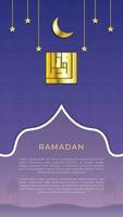 Vertical Ramadan Greeting Banner Vector Template Decorative with Crescent, Stars, Patterns, Lanterns, and Ramadan Kufic Calligraphy. Translate - Ramadan