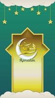 Vertical Ramadan Greeting Banner Vector with Stars, Clouds, Crescent, and Ramadan Text in Arabic Calligraphy. Translate - Ramadan