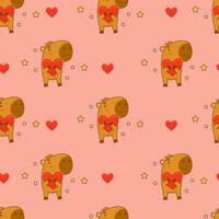 Seamless pattern. Cute animal capybara with heart on pink background. Vector illustration for festive design, romantic valentines, wallpaper, packaging, textile.