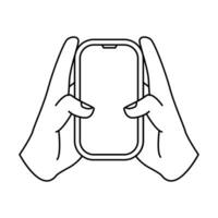 Icon of both hands holding a phone. Simple illustration of a hand holding a smartphone. Symbol of hand with phone vector