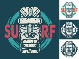 Print set of surfing stone tiki mask or face idol vector