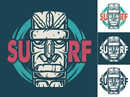 Print set of surfing stone tiki mask or face idol