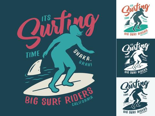 Print set of silhouette man, wave on surfing board