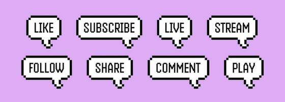 Pixel speech bubbles pack. Text boxes for social networks, podcasts and chats. Vector illustration in 8 bit pixel art style.