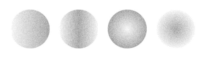 Gradient noise circles made of grains and dots. Halftone round pattern elements with gradation from dark to light. Vector isolated illustration on white background.