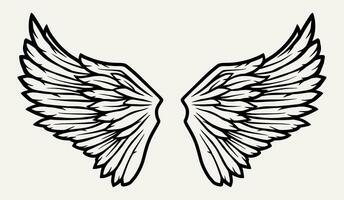 Pair of bird wings with feathers. Outline vector illustration of freedom
