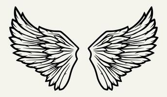 Pair of bird wings with feathers. Outline vector illustration of freedom