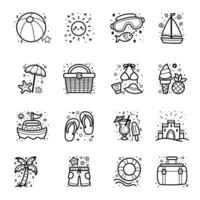 Collection of summer vacation elements, cute and minimalistic doodle icons for summer themed project, vector illustration.