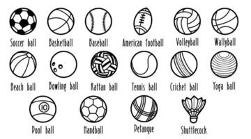 Collection of various sports balls and equipment, icons doodle line art style, vector illustration.