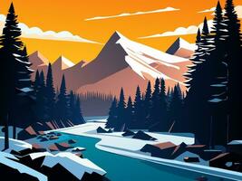 winter landscape with river and mountain flat vector art