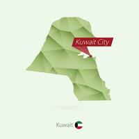 Green gradient low poly map of Kuwait with capital Kuwait City vector