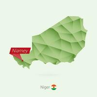 Green gradient low poly map of Niger with capital Niamey vector