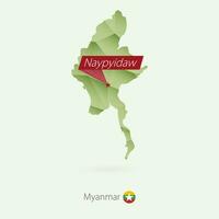 Green gradient low poly map of Myanmar with capital Naypyidaw vector