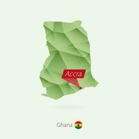 Green gradient low poly map of Ghana with capital Accra vector