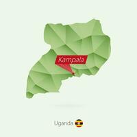 Green gradient low poly map of Uganda with capital Kampala vector