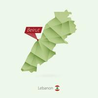 Green gradient low poly map of Lebanon with capital Beirut vector