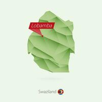 Green gradient low poly map of Swaziland with capital Lobamba vector