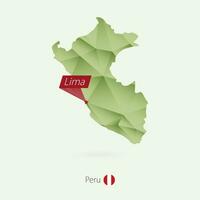 Green gradient low poly map of Peru with capital Lima vector