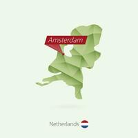 Green gradient low poly map of Netherlands with capital Amsterdam vector