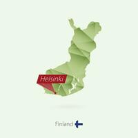 Green gradient low poly map of Finland with capital Helsinki vector