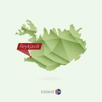 Green gradient low poly map of Iceland with capital Reykjavik vector