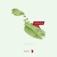 Green gradient low poly map of Malta with capital Valletta vector