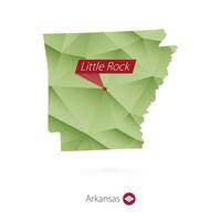 Green gradient low poly map of Arkansas with capital Little Rock vector