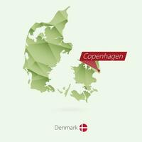 Green gradient low poly map of Denmark with capital Copenhagen vector