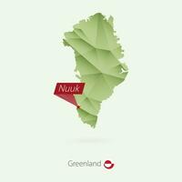 Green gradient low poly map of Greenland with capital Nuuk vector