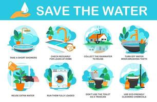 The infographic Save the Water. There are eight icons depicting ways to save water vector