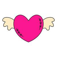 Heart with wings and scars. Emo Y2k style. Black and pink subculture. Vector flat illustration isolated on white background.