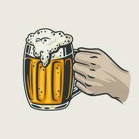 Craft beer mug with foam. Pint in hand vector