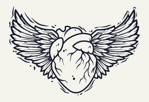 Human heart and Pair of bird wings with feathers tattoo. Outline vector illustration