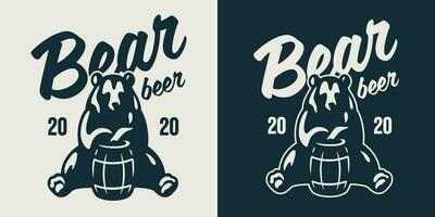 Bear with wood barrel of craft beer vector