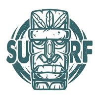 Surfing print of stone tiki mask, face idol vector