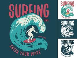 Print set of silhouette man on wave, surfing board vector