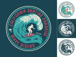 Print set of silhouette man on wave, surfing board vector