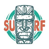 Surfing print of stone tiki mask, face idol vector