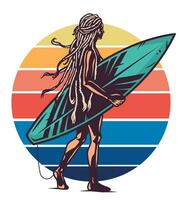 Silhouette of girl surfer on beach, surfing board vector