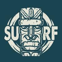 Surfing print of stone tiki mask, face idol vector