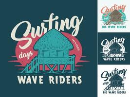 Print set of silhouette bungalow for surfing beach vector