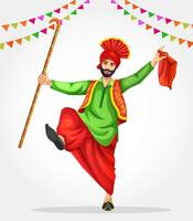 A Bhangra dancer performs folk dance with Punjabi bhangra prop khunda or daang. Wearing ethnic Punjabi clothes. Sikh Punjabi man dancing folk dance bhangra on occasion like Lohri or Baisakhi vector