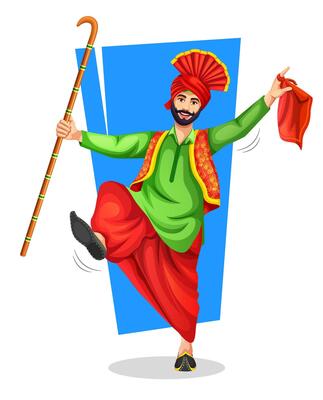 A Punjabi Bhangra dancer with bhangra props khunda or daang performing a folk dance step with hand gestures