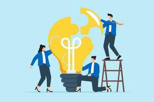 Business team solve lightbulb jigsaw puzzle together vector