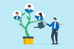 Businessman HR watering and growing tree with employees in flat design vector