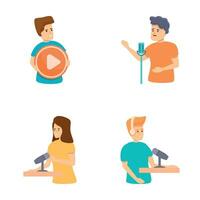 Video platform icons set cartoon vector. Guy with youtube button and microphone vector