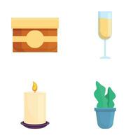 Relaxing accessory icons set cartoon vector. Champagne, candle and body cream vector